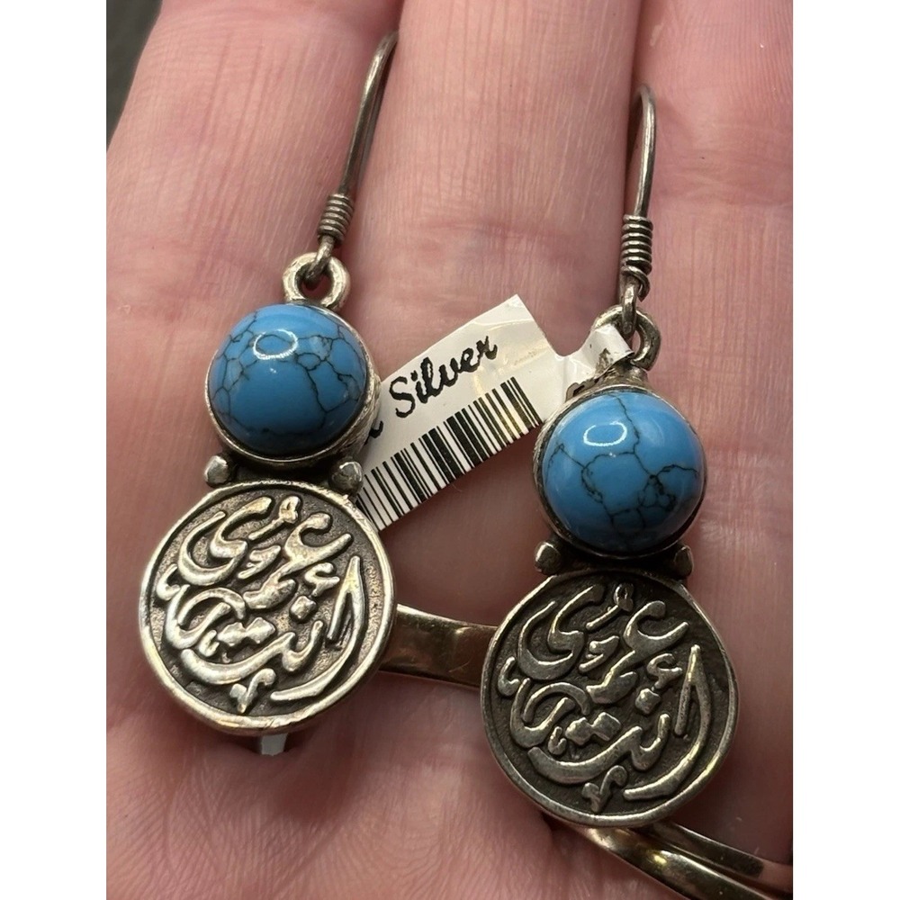 Vintage Blue Stone Sterling Silver Arabic Medallion Dangle Drop Earrings 925